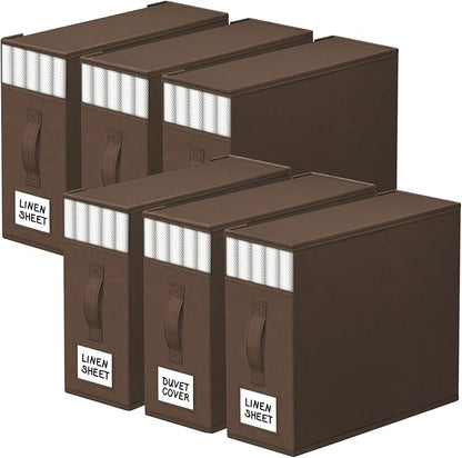 StorageTastic 6 Pack Bed Sheet Closet Organizers and Storage,Sturdy Foldable Storage Containers with Window and Label,Storage and Organization for Bedding Sheets,Duvet Covers,Blankets (Brown)