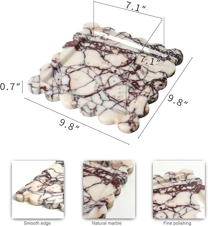 Natural 100% Marble Vanity Tray Luxury Scalloped Marble Storage Square Rectangle Tray for Home Decor Stone Tray for Bathroom Kitchen Candle Key (Square-9.8 * 9.8-Calacatta Viola)