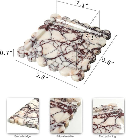 Natural 100% Marble Vanity Tray Luxury Scalloped Marble Storage Square Rectangle Tray for Home Decor Stone Tray for Bathroom Kitchen Candle Key (Square-9.8 * 9.8-Calacatta Viola)