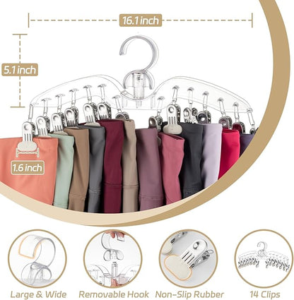 Imncya Legging Hanger for Closet, 2 Pack Plastic Yoga Pants Organizer w/14 Clips Holds 28 Leggings, Space Saving Hanging Pants Hangers for Closet Organizers and Storage (Large Clear)