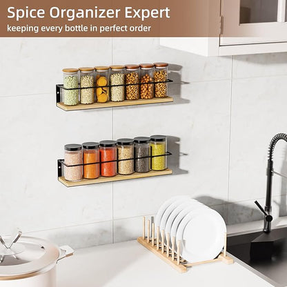Spice Rack, Self-Adhesive or drilling, Rustic Style Hanging Spice Rack, Spice Organization for Cabinet Door or Wall Mount, Over The Stove, Kitchen Wall, 2-Pack, Wood Color