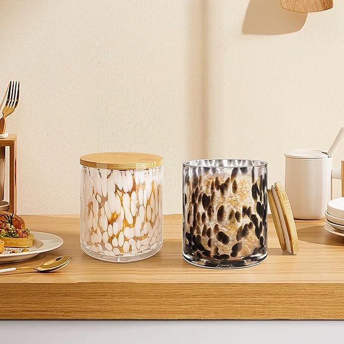 HEADAK LIFE Set of 2 Hand Blown Glass Food Storage Containers with Lids 14oz Jar with Lid Coffee Container,Spice,Sugar,Tea,Flour,Nuts,Decorative Jars for Countertop(black ＆ white)