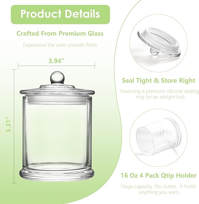 LITIVY 4 Pack Bathroom Organizers and Storage - 16 Oz Glass Qtip Holder & Cotton Pad Dispenser with Lid, Apothecary Jars for Home, Room Decor, Kitchen Organizer (Clear)