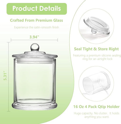 LITIVY 4 Pack Bathroom Organizers and Storage - 16 Oz Glass Qtip Holder & Cotton Pad Dispenser with Lid, Apothecary Jars for Home, Room Decor, Kitchen Organizer (Clear)
