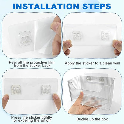 6Pcs Storage Organizer Bins Wall Mounted Organizer Basket Large Size Clear Plastic Makeup Organizer Adhesive Hanging Bin for Bathroom Kitchen Pantry
