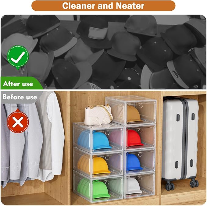 YKLSLH Hat Organizer Box, 6 Boxes for 40 Pack Hats, Upgrade Harder Solid Plastic Hat Organizer for Baseball Caps, Clear Hat Storage with Magnetic Door, Hat Rack Holder Case, White