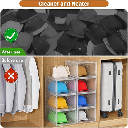 YKLSLH Hat Organizer Box, 6 Boxes for 40 Pack Hats, Upgrade Harder Solid Plastic Hat Organizer for Baseball Caps, Clear Hat Storage with Magnetic Door, Hat Rack Holder Case, Black