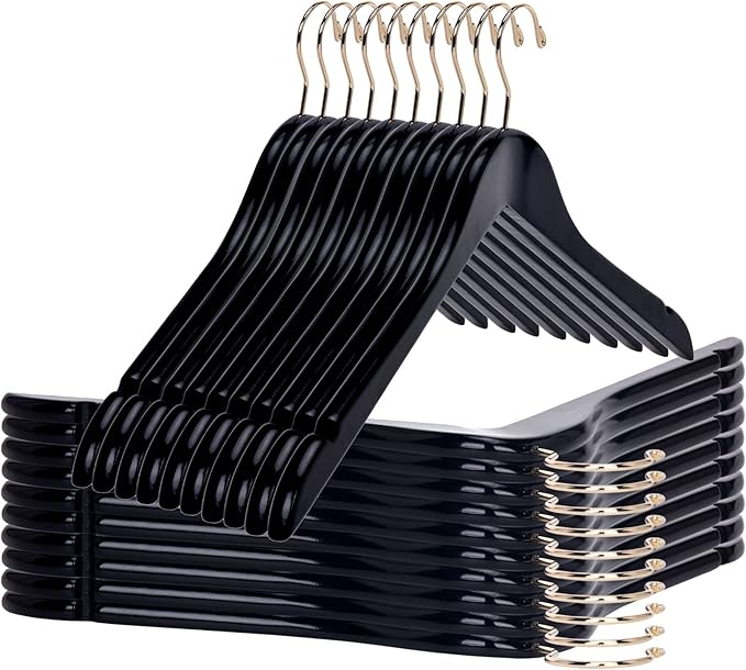 Quality Semi Curved Black Wooden Suit Hangers, 80-Pack Smooth Finish Solid Wood Coat Hanger with Swivel Hook, Jacket, Pant, Dress Clothes Hangers (Black - Gold Hook, 80)