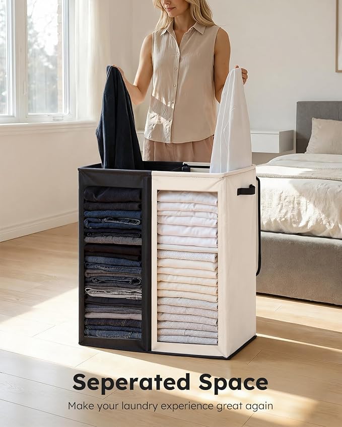 SOLEDI Large Double Laundry Hamper with Lid, Collapsible Clothes Hamper 2 section with Removable Bags, Space-Saving Laundry Basket for Bedroom, Dorm, College