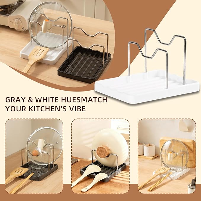 Pot Lid Holder and Spoon Rest, 2-in-1 Kitchen Counter Organizer with Stainless Steel Lid Holder While Cooking and Plastic Utensil Rest, Space Saving Pot Cover Rack for Stovetop and Countertop (White)