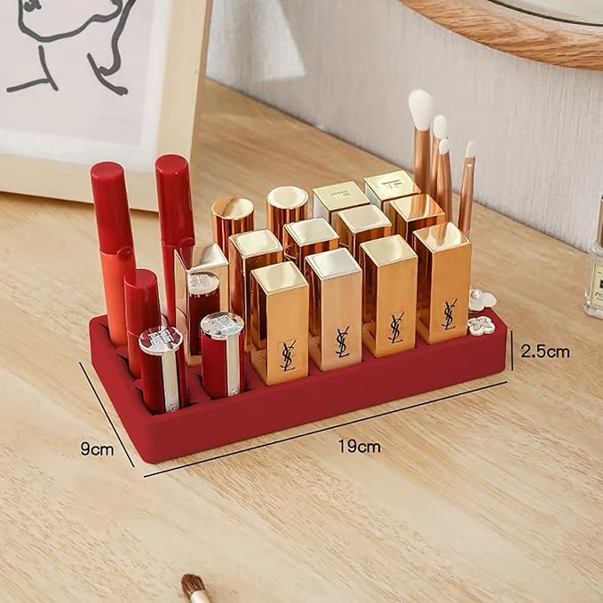 Silicone Lipstick Organizer 18+6 Slots, Lipstick Holder Stand Square Nail Polish Rack for Brush Lip Eye Stick Nail Polish Brushes Eyebrow, Wine Red
