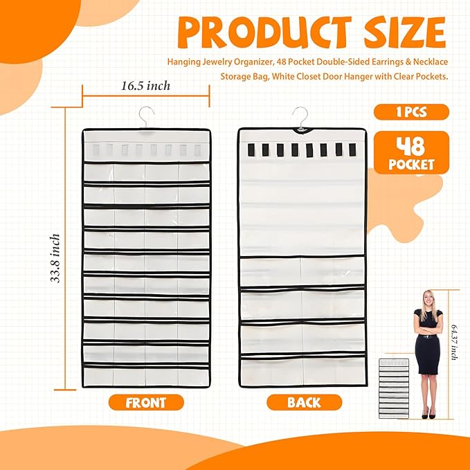 48 Pockets Hanging Jewelry Organizer with Necklace Straps, Double-Sided White Closet Jewelry Holder for Space-Saving Storage of Earrings, Bracelets & Necklaces
