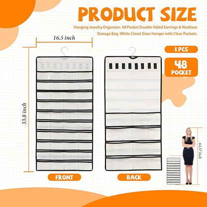 48 Pockets Hanging Jewelry Organizer with Necklace Straps, Double-Sided White Closet Jewelry Holder for Space-Saving Storage of Earrings, Bracelets & Necklaces