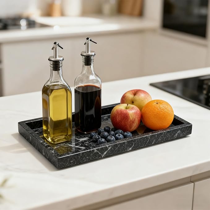 Pure Natural Marble Tray for Bathroom, Dresser, Sink. Cosmetics, toiletries, perfumes, Jewelry, Candles, etc. can be Placed (Ocean Wave Gray, 12" x 8" x 1.2")
