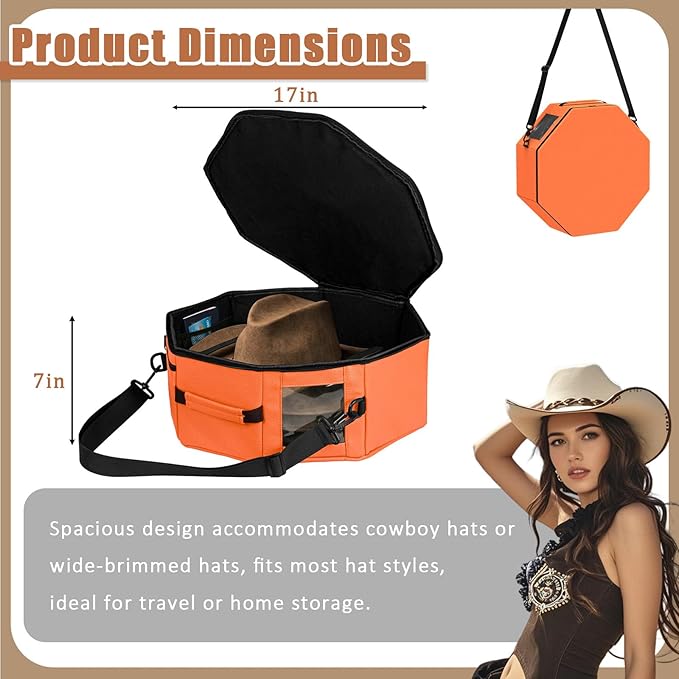 Vegan Leather Hat Box,Large Octagonal Hat Travel Fits 5 Cowboy or Wide-Brim Hats,Padded Hat Storage Organizer with Trolley Sleeve,Clear Window & Shoulder Strap,for Travel or Home Organization, Orange
