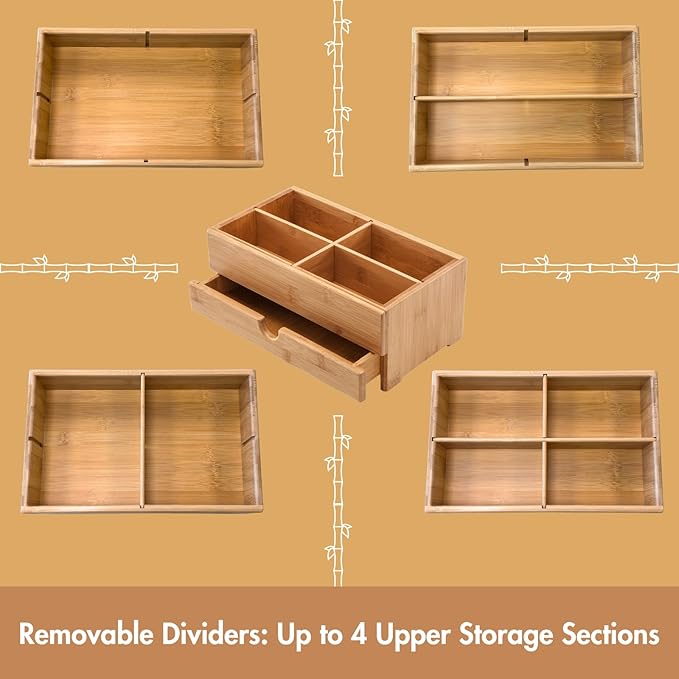 GOBAM Bamboo Makeup Organizers and Storage with Drawer - Wooden Cosmetic Organizer Countertop for Bathroom, Bedroom, Closet, Kitchen, Vanity & Dresser - Make up Vanity Station