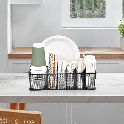 Silverware Organizer with Handle - Metal Utensil Caddy for Kitchen Counter, 7 Compartment for Plate, Cup, Napkin, Paper Plate Dispenser for Party, Picnic