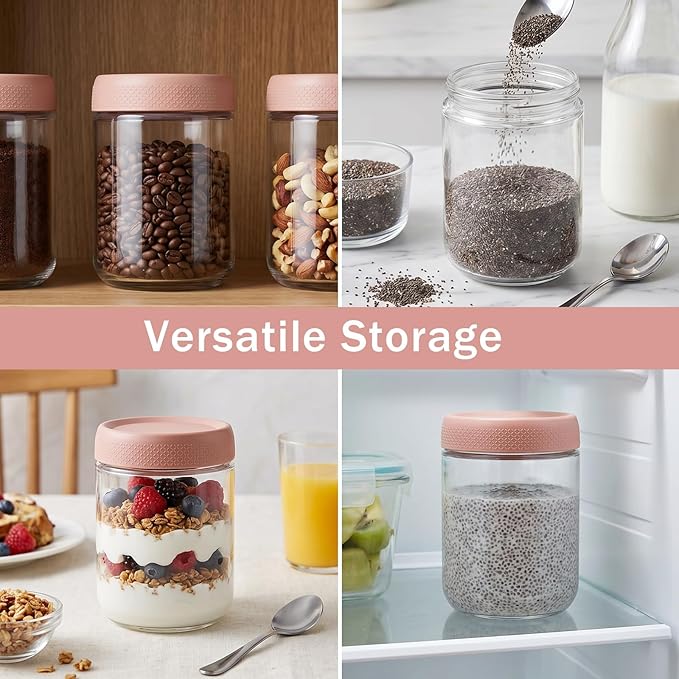 OcePor 6 Pack Overnight Oats Containers with Lids, 16 OZ Glass Mason Overnight Oats Jars, Large Capacity Airtight Jars for Milk, Cereal, Fruit(Pink)