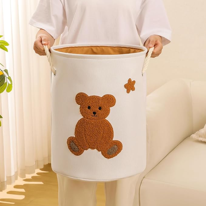 Kids Laundry Basket Nursery Hamper Baby Laundry Basket Stuffed Animal Toys Storage Baskets for Toddler Room Decor, Dirty Clothes Hampers with Drawstring Closure for Bedroom/Living Room/Nursery, Bear