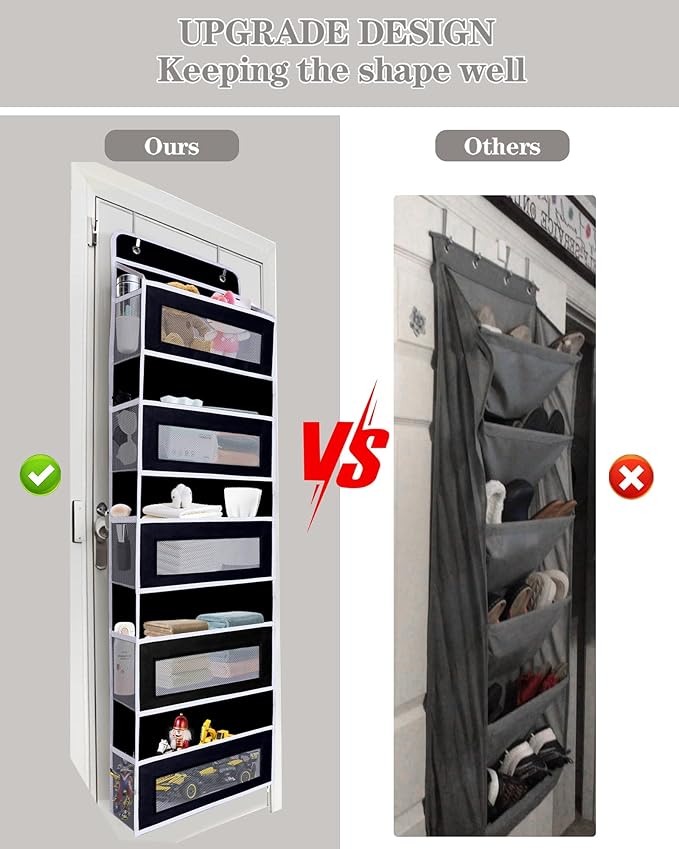 Over The Door Organizer, Reinforced Composite Fabric with Reinforced Stitching and Anti-Sag Structure, 44LB Capacity, 5 Large Pockets & 10 Mesh Pockets for Bathroom, Nursery & Laundry Room (Black)
