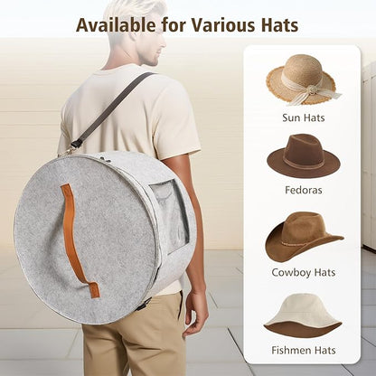 HEAVYWOOD Hat Box for Women Storage Travel Felt Hat Case for Wide-Brim Cowboy Hat Storage Foldable Organizer for Closet Large Round Hat Carrier with Portable Handle Shoulder Strap (Light Gray)