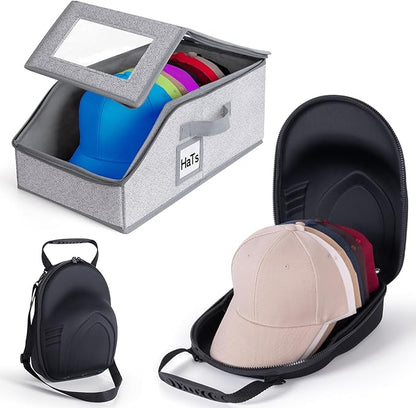 One set hat Storage for Baseball Caps,Gery Stackable box holds up to 18 Caps Hat Organizer for Closet, Black Baseball Cap and Adjustable Shoulder Strap, Hat Organizer Holder Bag for 6 Baseball Caps.