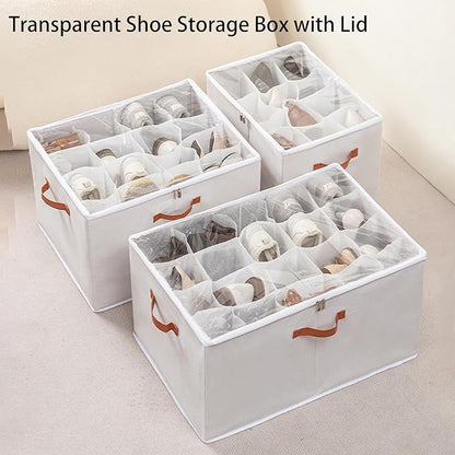 (2 Pack) Shoe Organizer for Closet, Shoe Storage Bins Foldable Shoe Storage Box Containers with Clear Cover and Sturdy Handles,Shoe Rack for Closet Storage for Sneakers Heels Slippers (Gray Large)