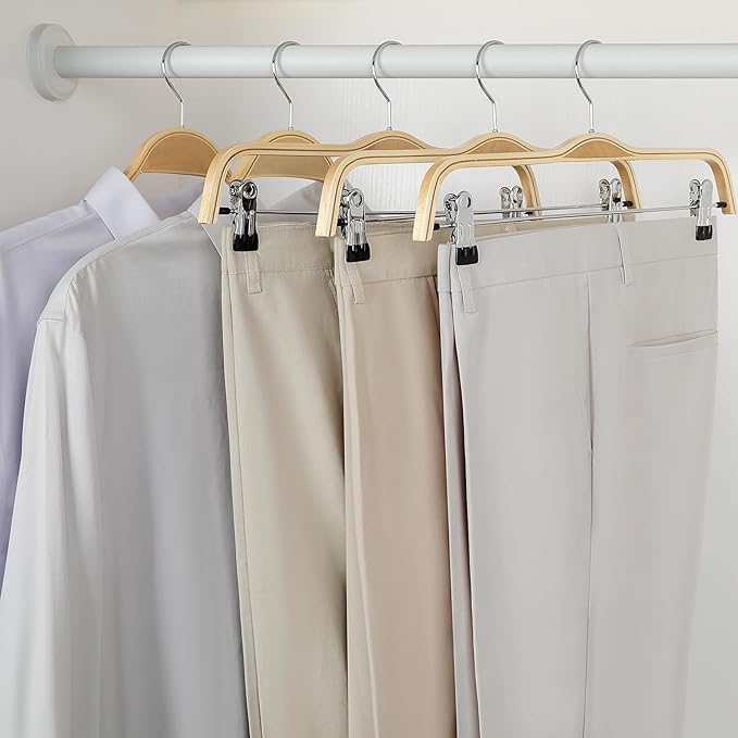 TOPIA HANGER Wooden Pants Hangers,Slim Natural Wood Skirt Hangers with Anti-Rust Hook and Adjustable Metal Clips, Perfect for Skirts, Pants, Slacks-20 Pack-CT17N20