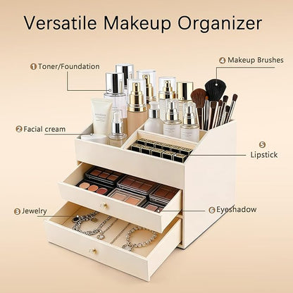 Homeanda Makeup Organizer with Drawers, PU Leather Cosmetic Storage Box Large Cosmetic Display Case for Skincare, Lipstick, Brushes, Bedroom Storage(Beige)