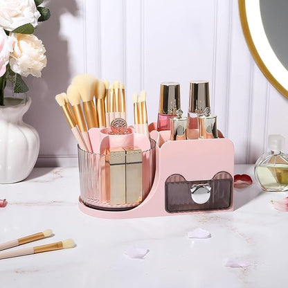 DASITON Makeup Organizer with Drawer, 360° Rotating Makeup Brush Holder, Makeup and Skincare Storage Box, Make Up Organizers for Vantiy, Desktop, Bathroom Countertop, Cosmetic Display Case (Pink)
