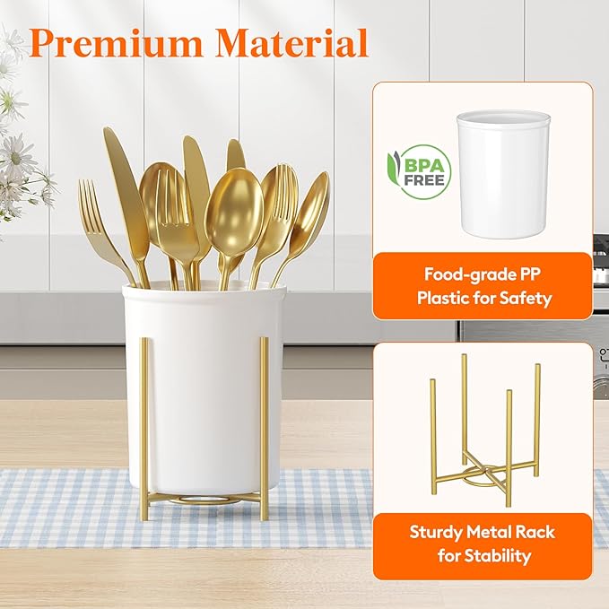 Lifewit Plastic Silverware Holder for Kitchen Countertop, Cutlery Flatware Caddy with Metal Bracket, Utensil Spoon Fork knives Organizer for Party Picnic, Gold, 2 Pack