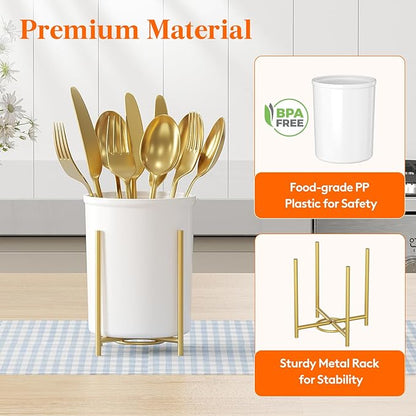 Lifewit Plastic Silverware Holder for Kitchen Countertop, Cutlery Flatware Caddy with Metal Bracket, Utensil Spoon Fork knives Organizer for Party Picnic, Gold, 3 Pack