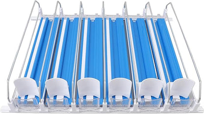 Soda Can Organizer, Automatic Pusher Glide Drink Dispenser for Fridge, Adjustable Width Beverage Holder, Storage 25 Cans 5 Row (Blue)
