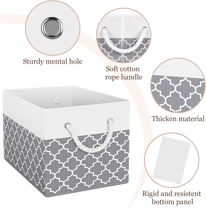 Fab totes Storage Bins 2-Pack, Foldable Storage Baskets for Organizing Toys, Books, Shelves, Closet, Large Storage Box with Rope Handles, Sturdy Organizer Bins,Clover Grey
