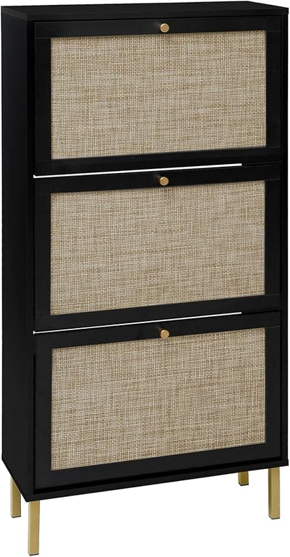 ZeHuoGe Rattan Shoe Cabinet with 3 Flip Drawers, Narrow Hidden Shoe Rack Storage Cabinet for Heels, Slippers, Entrance Hallway Entryway (Black)