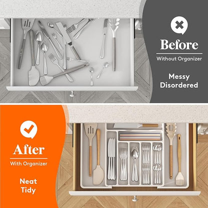 Lifewit Utensil Organizer for Kitchen Drawer, Expandable Cooking Silverware Tray, Adjustable Cutlery Flatware Holder, Plastic Spatula Tools Storage Divider, 13-22.4 x 15", White