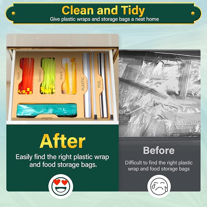 KOCWELL Bag Organizer and Plastic Wrap Dispenser with Cutter, 6 In 1 Bamboo Foil and Plastic Wrap Organizer for Kitchen Drawer, Food Storage Bag Organizer for Gallon,Quart,Sandwich,Snack(Yellow)