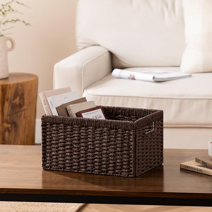 joybest Dark Brown Wicker Baskets for Shelves, 13.4L x 8.3W x 7.1H inch Hand-woven Storage Baskets for Pantry Organizing, Foldable Rectangular Bin with Handles, 2-pack