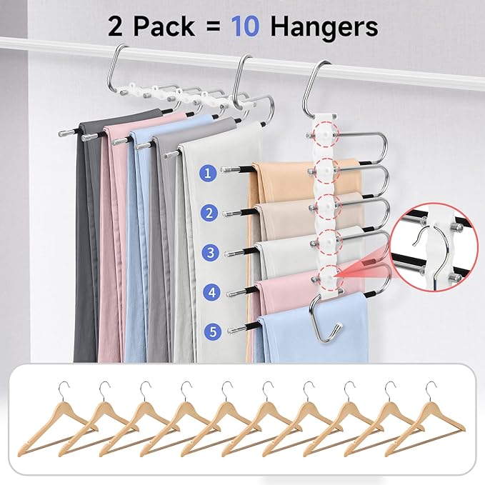SANLIKE 2 Pack 5 Layers Pants Hangers Space-Saving Stainless Steel Closet Hangers 20pcs Fixed Clips Non-Slip Multi-Functional Pants Rack Two Hanging Modes for Trousers Jeans Leggings Scarf Skirts