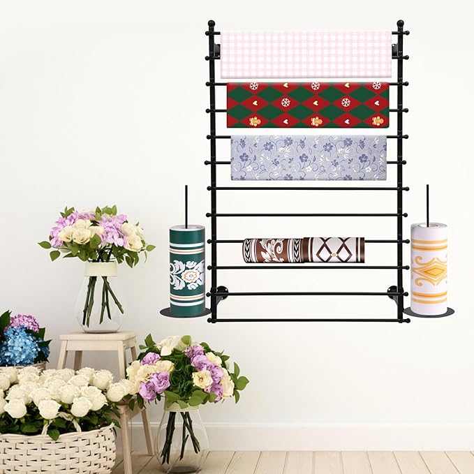 DYRABREST Wall Mounted Ribbon Organizer Rack, Metal Wrapping Paper Organizer Storage, Removable 12-Tier Hijab Organizer, 50lbs Load Capacity for Home, Craft Room, Flower Shop (Black, 31.5 x 47.2 in)