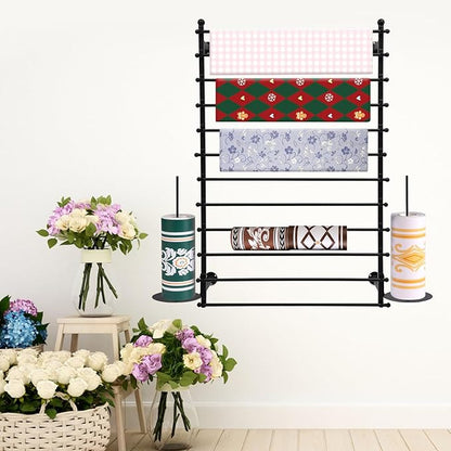 Ribbon Storage Organizer, Wall Mounted Ribbon Organizer, 12-Tier Metal Gift Wrapping Paper Rack, Spool Tie Scarf Hijab Belt Towel Hanger, for Home, Craft Room, Flower Shop, Black, 31.5in Wide