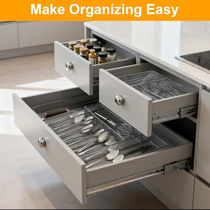 2 Pcs Utensil Drawer Silverware Organizer, Metal Mesh Expandable 13" ~24" Kitchen Drawer Organizer, 7-9 Slots Cutlery Tray Dividers for Kitchen Flatware Christmas Housewarming Gift (Sliver)
