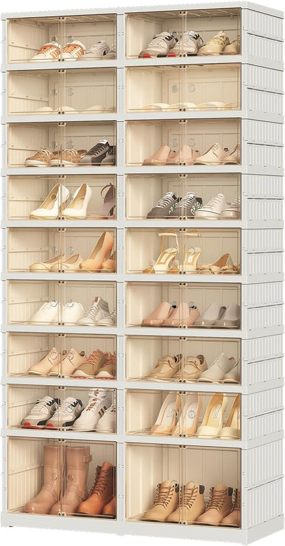 Redlife 9 Tier 36 Pairs Foldable Shoe Rack Organizer, Clear Portable Plastic Shoes Rack, Collapsible Shoes Storage Box with Lids Door, Large Tall Shoe Cabinet for Closet