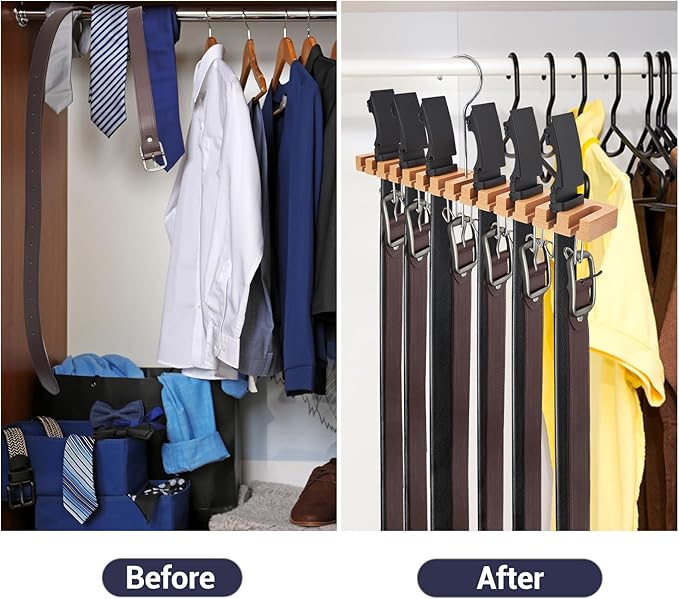 Belt Hanger Organizer for Closet: Ohuhu 2 in 1 Wall Mount Hanger 14 Slots+13 Hooks Storage Wooden Belt Organization 360 Degree Rotating Belt Display Holder for Belt Tie Scarf Accessories