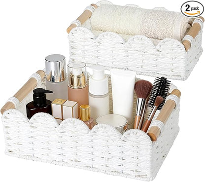 Graciadeco 2 Pack Scalloped Wicker Basket Paper Rope Storage Baskets with Wooden Handles Hand-Woven Organizer Bin Wicker Storage Baskets for Organizing, Home Decor (White)
