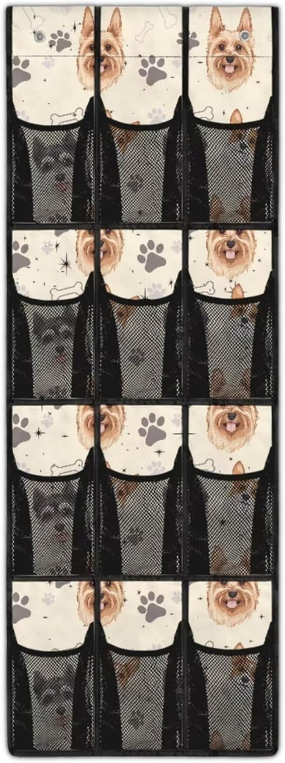 Dog Paws Behind Door Shoes Hang Holder Rack,Shoe Organizer Door Hanger with 12 Mesh Large Pockets,Space Saver,Unique Print