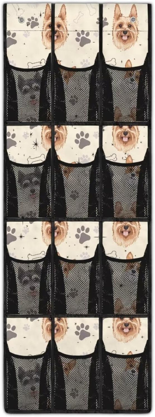 Dog Paws Behind Door Shoes Hang Holder Rack,Shoe Organizer Door Hanger with 12 Mesh Large Pockets,Space Saver,Unique Print