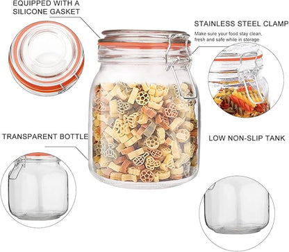 32 oz Glass Food Storage Jars with Airtight Lids,Clear Airtight Canister with Leak Proof Rubber Gasket,1000 ml Square Large Mason Jars with Clamp Lids for Canning,Cereal,Beans,6 Pack
