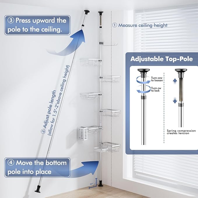 Vatex Shower Caddy Corner Tension Pole, Stainless Steel Rustproof 6 Shelves Bathroom Organizer with Towel Bar & Toothbrush Holder, Adjustable Shower Shelf for Renters - Family Stand Storage Rack