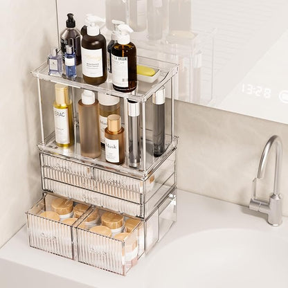 2-Tier 5-Drawer Bathroom Countertop Organizer : Multi-Purpose Makeup Organizer Countertop - Large Skincare Holder Exquisite Vanity Tray - Perfume & Skincare Storage Amber Clear
